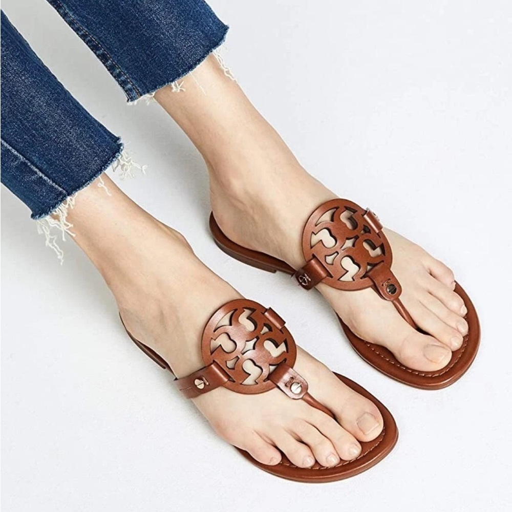Tory Burch Brown Leather Cutout Logo Thong Sandals